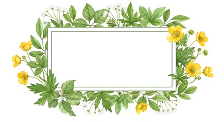 Floral Frame Watercolor Illustration with Yellow Flowers and Green Leaves