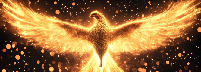 A mythical phoenix reborn from golden flames, its wings spread wide as it rises from the ashes in a breathtaking burst of light