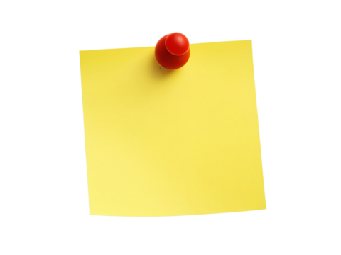 Yellow Sticky Note PNG – Isolated with Red Pushpin on White or Transparent Background