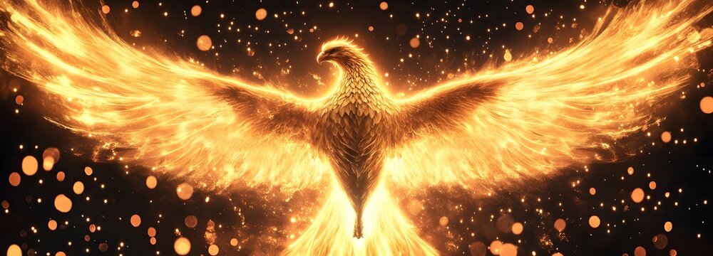 A mythical phoenix reborn from golden flames, its wings spread wide as it rises from the ashes in a breathtaking burst of light