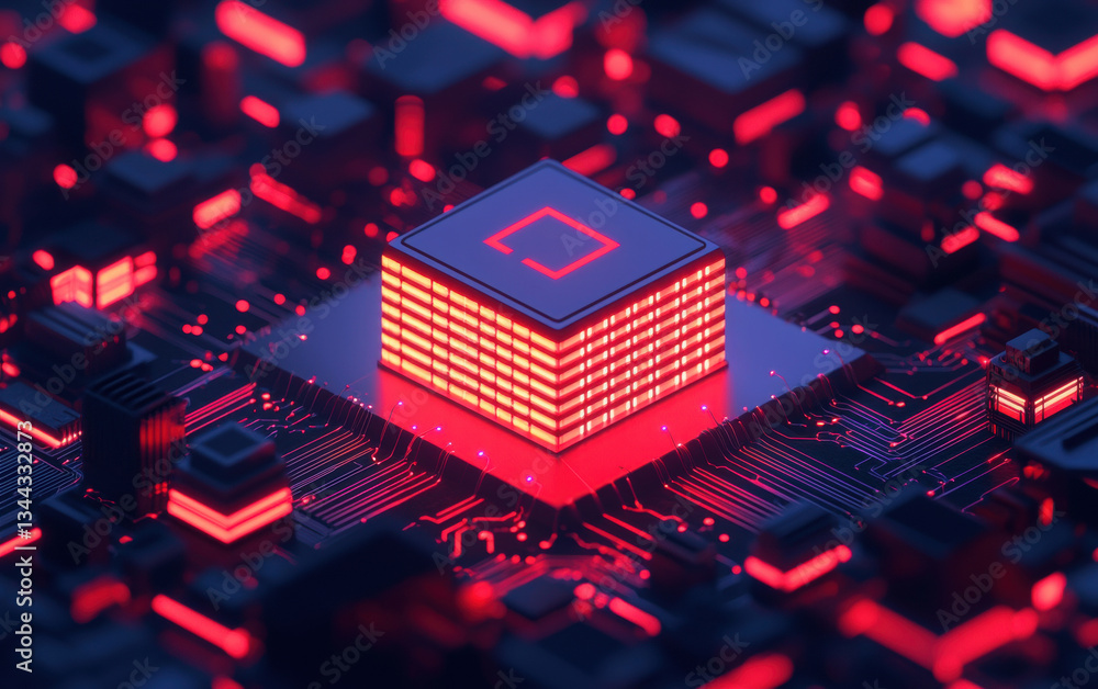 Aufkleber futuristic microchip glowing in red, surrounded by complex circuit board design