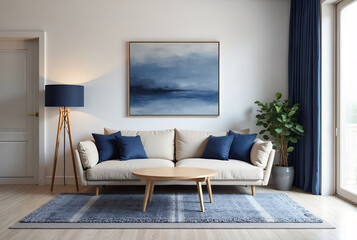 Modern Elegant Living Room with Blue Accents and Cozy Decor