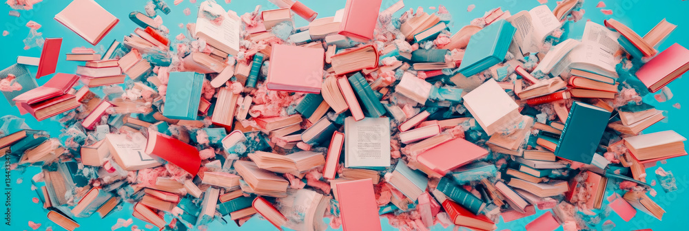 Poster cascade of knowledge: a whimsical book avalanche, conceptual representation of overwhelming informat