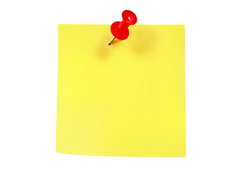 Yellow Sticky Note PNG – Isolated with Red Pushpin on White or Transparent Background