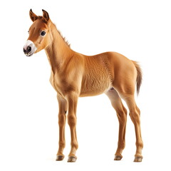 Obraz premium A young foal standing in a side view, full body isolated on a white background. The foal has a soft, light brown coat, a short, slightly tousled mane, and large, curious eyes, captured in high-resolut