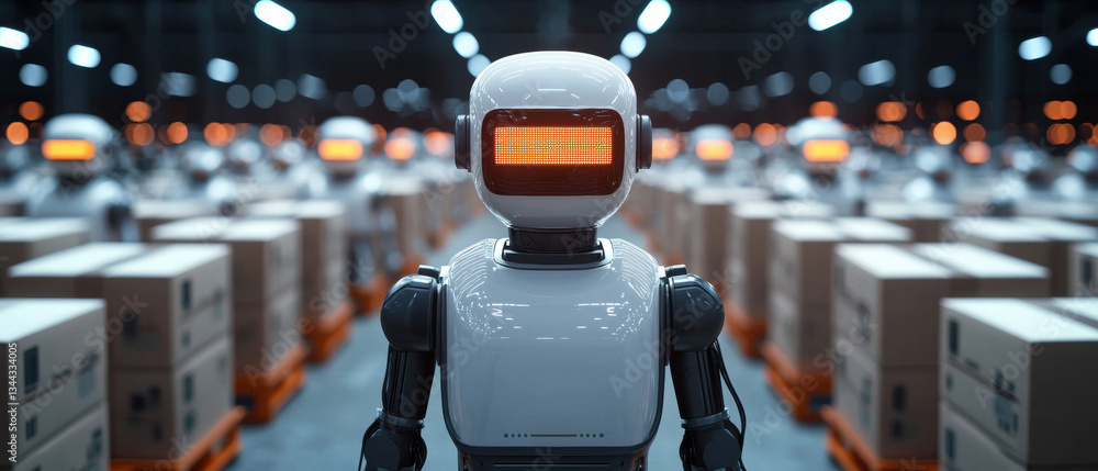 Poster automated robot in warehouse with boxes, showcasing advanced technology and efficiency
