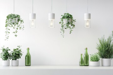 Modern Minimalist Kitchen Interior Design with Hanging Plants and Pendant Lights