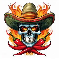 A vibrant skull adorned with a sombrero stands at the center against a backdrop of flames. Two red chili peppers cross beneath the skull, creating a bold, dynamic visual.
