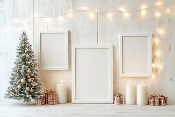 Festive Christmas Mockup Three White Frames, Snowy Tree, Candles & Gifts