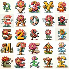 Fototapeta premium Cartoon flowers mascot Lettering Typeface. AI generated illustration