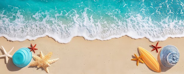 Fototapeta premium Overhead view of beach with starfish and blue wave moving to coast. Suitable for summer banner, backdrop etc.
