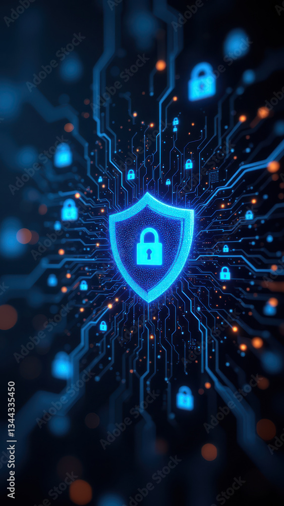 Poster a digital representation of a secure environment with interconnected nodes, emphasizing cybersecurit