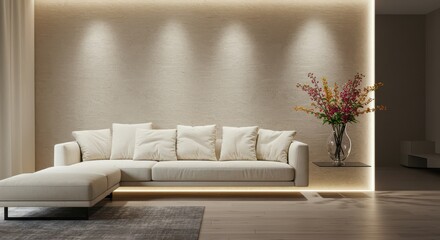 Living Room Interior with Modern Sofa Lighting and Elegant Floral Arrangement