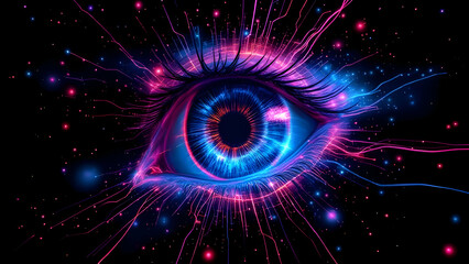 Obraz premium Colored abstract neon colored eye on black background