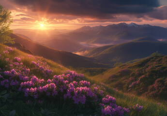 Scenic mountain landscape with blooming flowers at sunset
