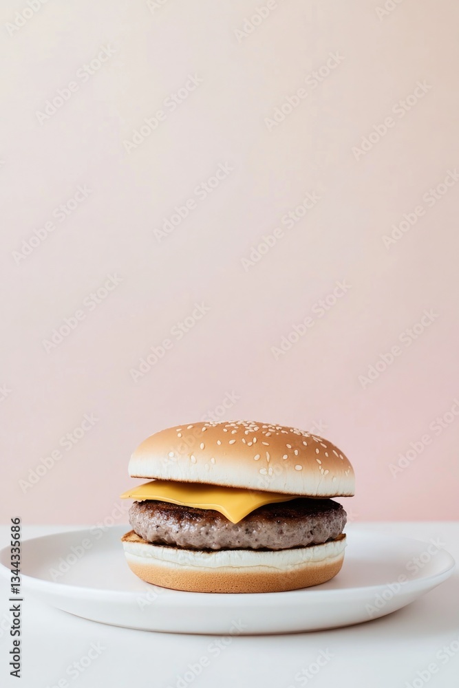 Poster minimalistic image of single fast-food burger on simple white plate against plain background with am