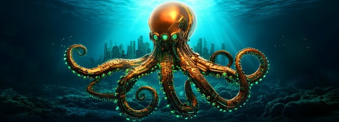 A biomechanical octopus with metallic tentacles and glowing green circuitry, lurking in the deep ocean with a sunken city behind it