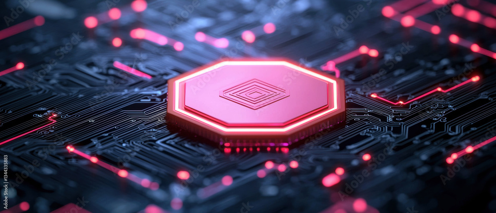 Poster high tech circuit board with glowing hexagonal chip, showcasing advanced technology and