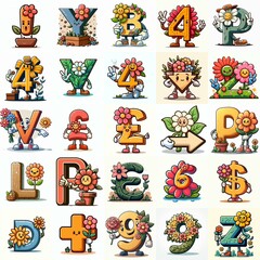 Fototapeta premium Cartoon flowers mascot Lettering Typeface. AI generated illustration