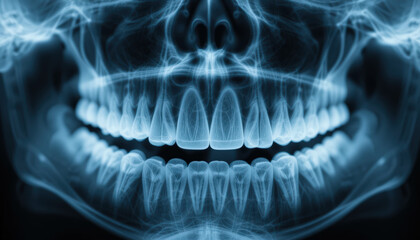 Panoramic dental radiography. View of a mouth with teeth and jaw.