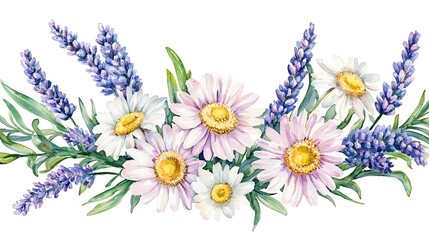 Watercolor daisies & lavender flower border for floral designs, greeting cards