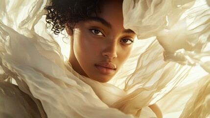 A dramatic close-up of a model in a fluid, draped dress made from sustainable, futuristic fabric