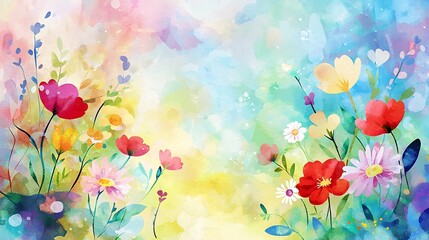 Vibrant watercolor floral painting with blurred background for spring greeting card