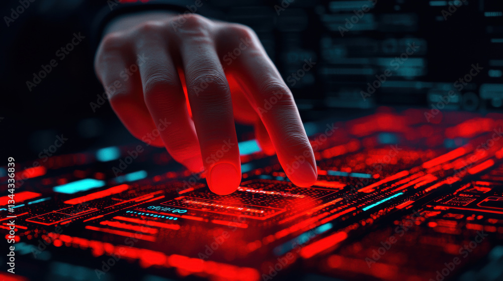 Poster futuristic technology interface with glowing red elements and hand interacting