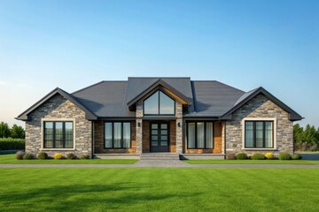 Fototapeta premium Beautiful Modern Home Exterior and outdoor. Modern stone house with a landscaped lawn and large windows, featuring a symmetrical design and inviting entrance.