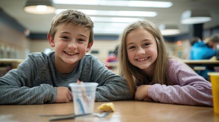 Obraz premium Young boy and girl at school lunch table smiling to camera