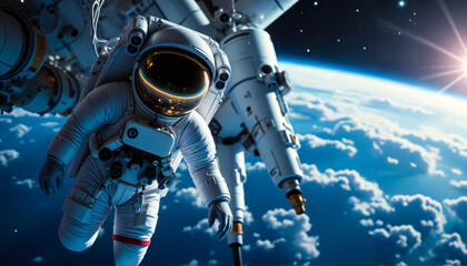 Fototapeta premium A detailed space scene of an astronaut floating weightlessly, with Earth and the Milky Way in the background.
