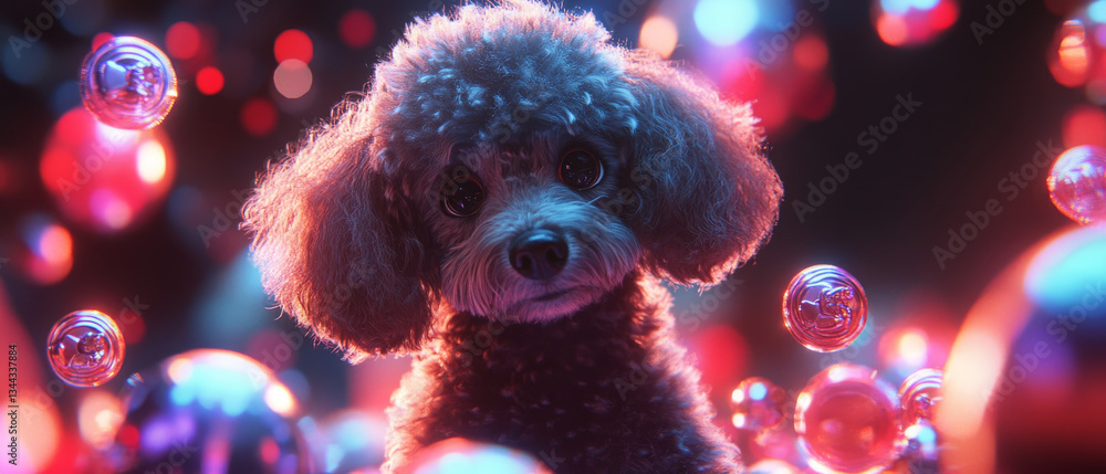 Poster fluffy poodle with curious gaze is surrounded by colorful bubbles, creating whimsical and enchanting