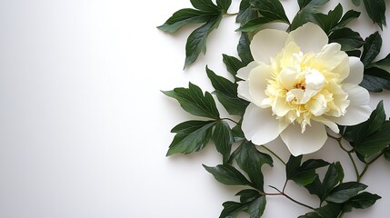 White Peony Bloom, Leaves on White Surface.  For Beauty, Cosmetics, Wedding