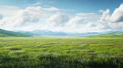 Fototapeta premium Green Grass Under a Cloudy Sky, Mountain Range in the Background