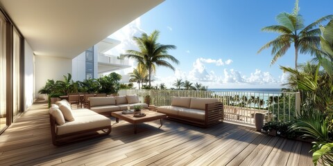 Fototapeta premium Beautiful Modern Home Exterior and outdoor. Modern outdoor patio with stylish seating, tropical plants, and ocean view under a clear blue sky.