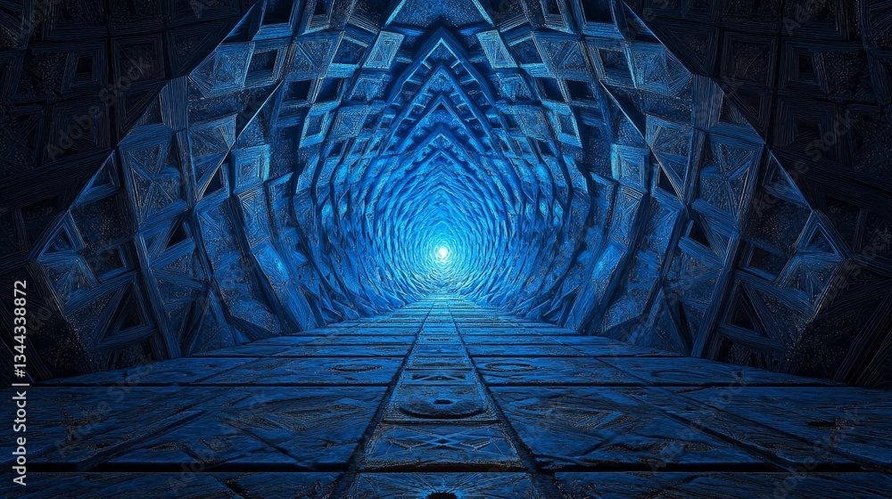 Poster a futuristic surface featuring neon lights and triangular pyramids, illuminated in blue geometric 3d