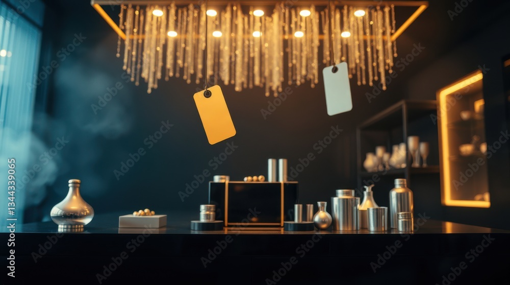 Aufkleber elegant product display featuring metallic objects under a sparkling chandelier, showcasing sophisti