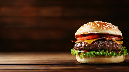 Juicy Cheeseburger with Bacon on Wooden Table Background Delicious Fast Food