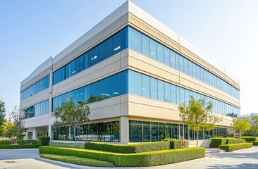 Modern office building exterior.?Exterior of a light beige, multi-story commercial building with large windows.?Landscaped grounds, including hedges and trees, surround the structure.?Clear sky above