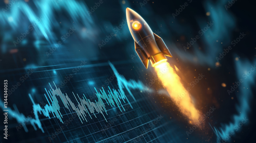 Aufkleber rocket accelerating upward with dynamic chart background, symbolizing growth and innovation