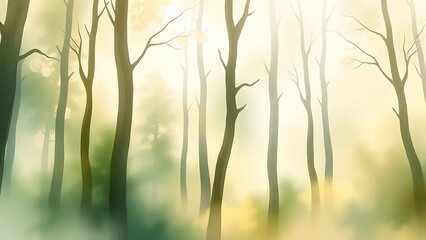 lush forest with tall trees in foreground and bright blue sky background