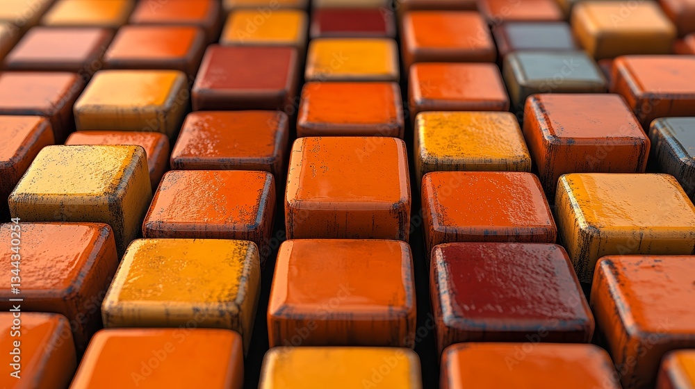 Poster modern technology background featuring neatly arranged glossy blocks in orange and yellow hues, crea