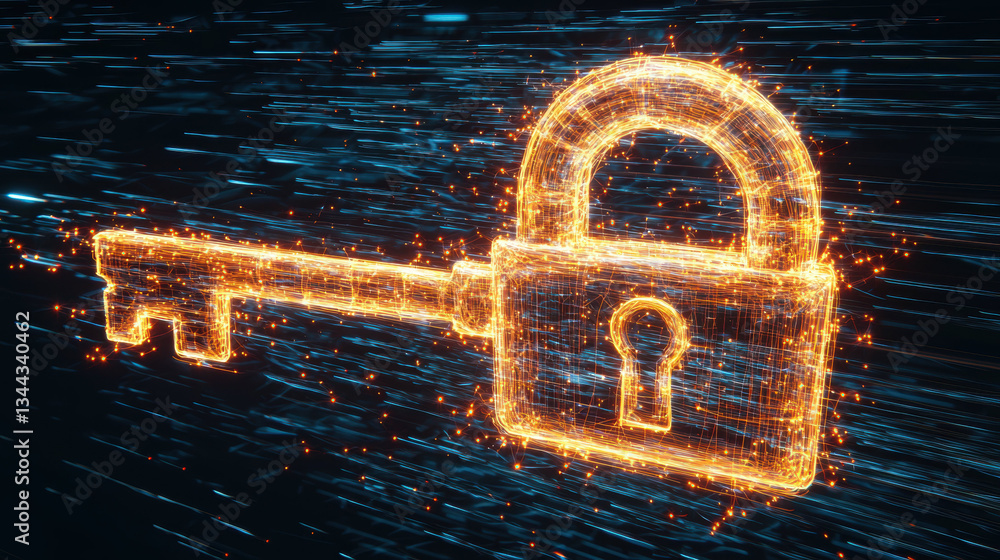 Poster lock and key made of light trails on dark background, symbolizing security and protection in digital