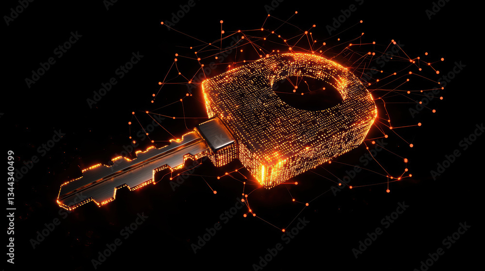 Poster glowing padlock and key design made of digital data, symbolizing security and technology
