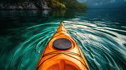 vibrant orange kayak glides through clear water, creating gentle ripples and reflecting serene landscape
