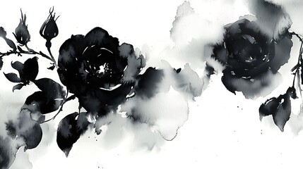 Ink wash painting of flowers on white. Artsy backdrop for cards, banners