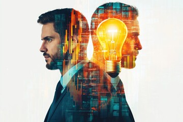 Two businessmen's profiles merge with a bright lightbulb, symbolizing innovative ideas and collaboration in the business world.