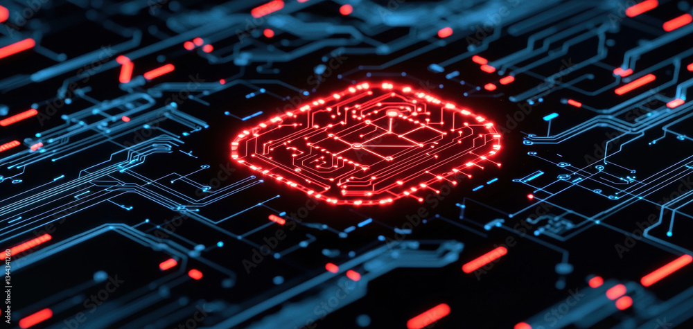Poster digital circuit board with glowing red processor, showcasing advanced technology and innovation