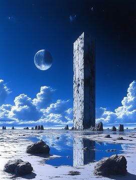 Surreal Monolith Landscape with Lunar Sky and Water Reflection Art