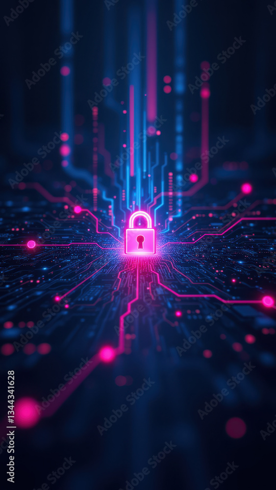 Poster futuristic digital cybersecurity with lock icon amidst glowing circuit patterns on dark background.